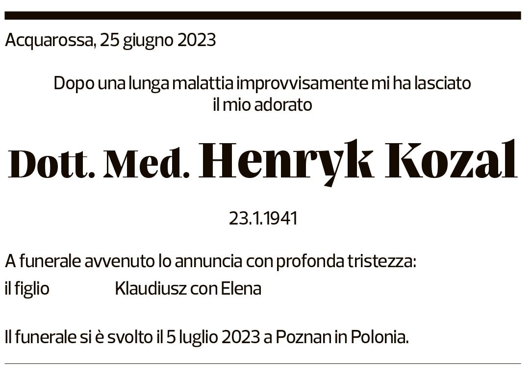 Annuncio funebre Henryk Kozal