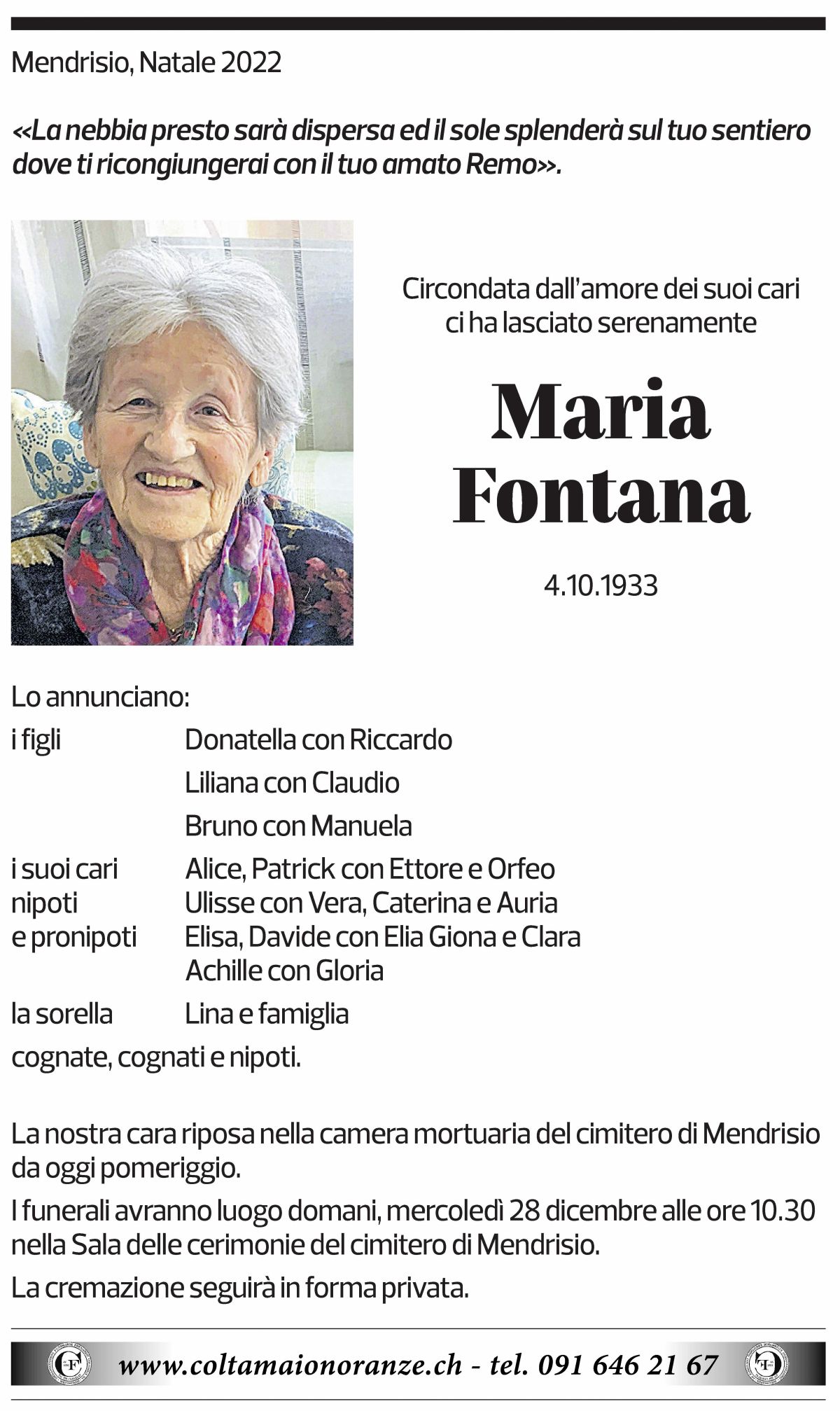 Annuncio funebre Maria Fontana