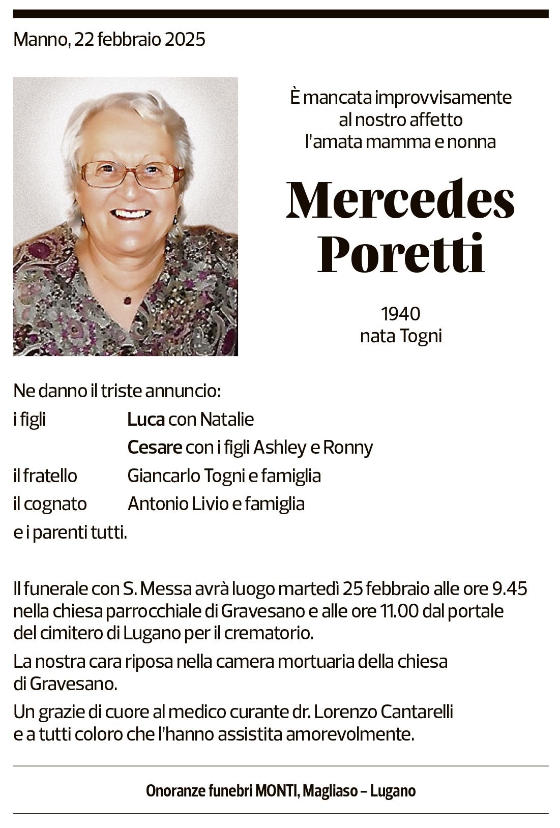 Annuncio funebre Mercedes Poretti