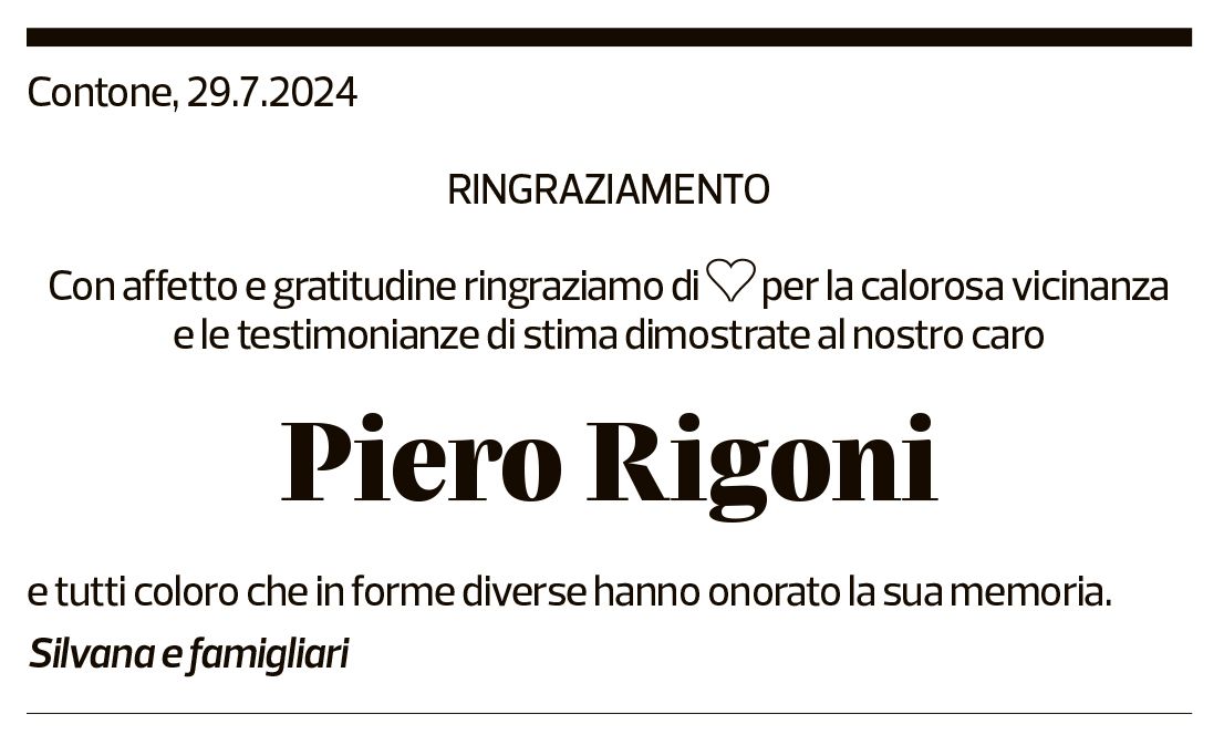 Annuncio funebre Piero Rigoni