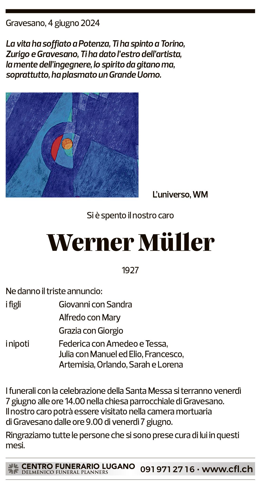 Annuncio funebre Werner Müller