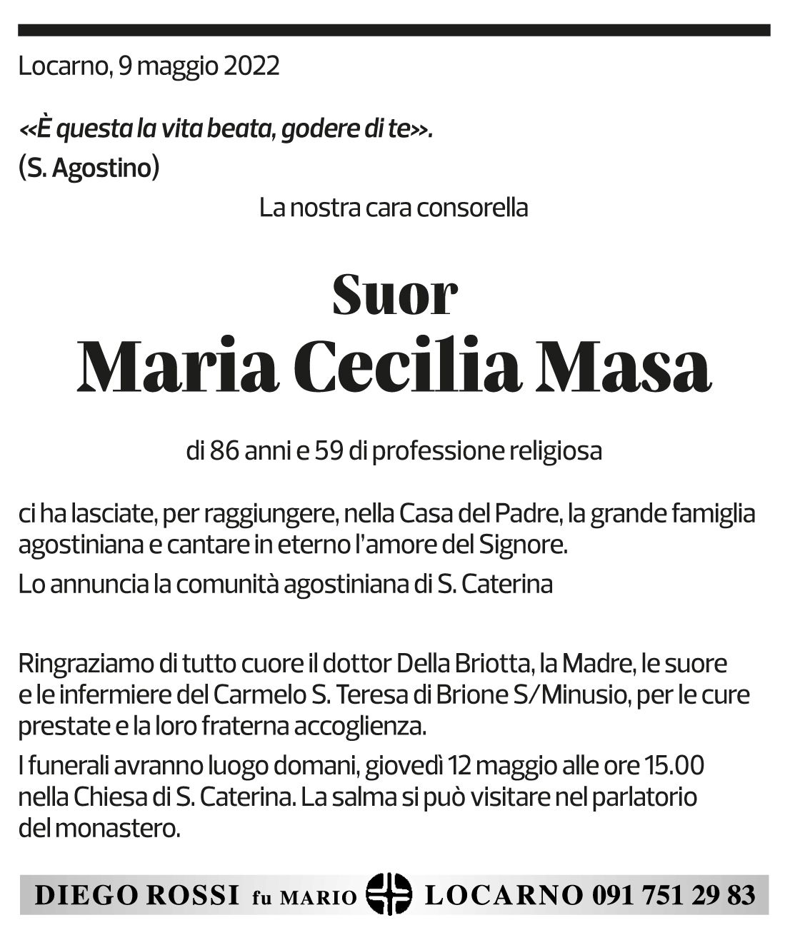 Annuncio funebre Suor Maria Cecilia Masa