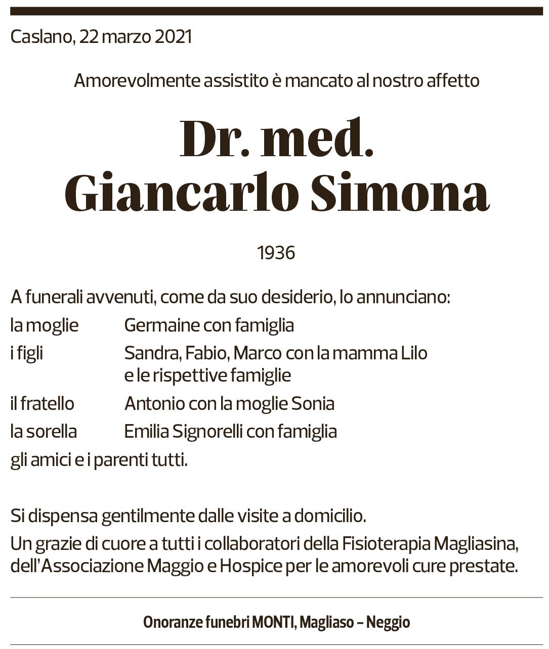 Annuncio funebre Giancarlo Simona