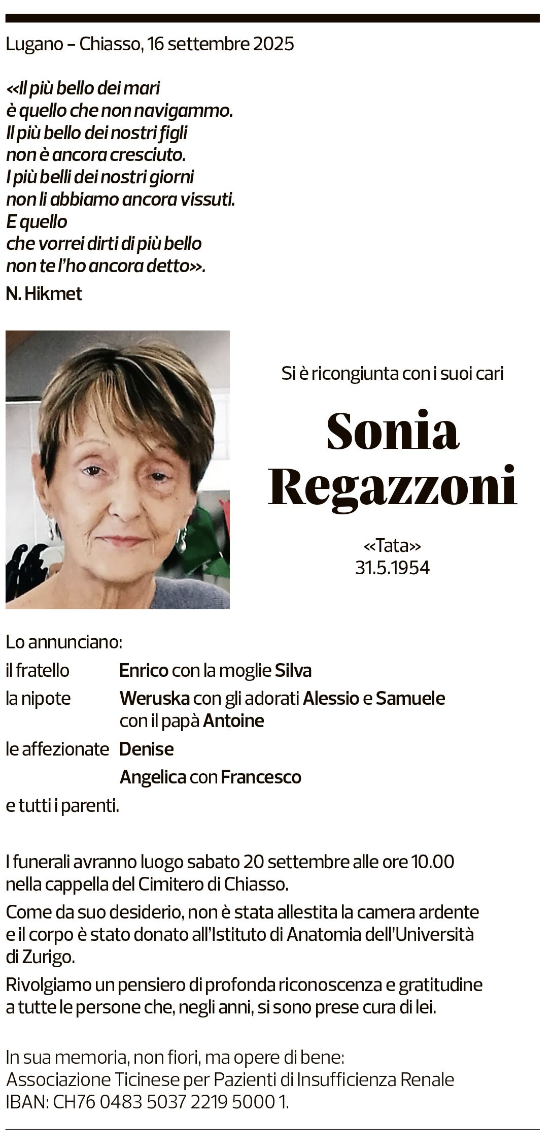 Annuncio funebre Sonia Regazzoni