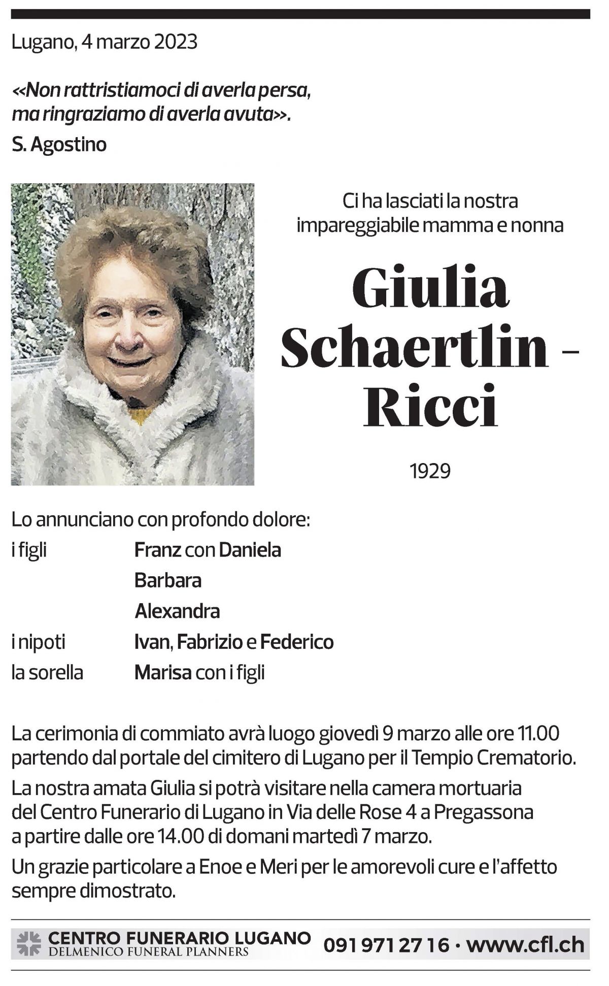 Annuncio funebre Giulia Schaertlin - Ricci