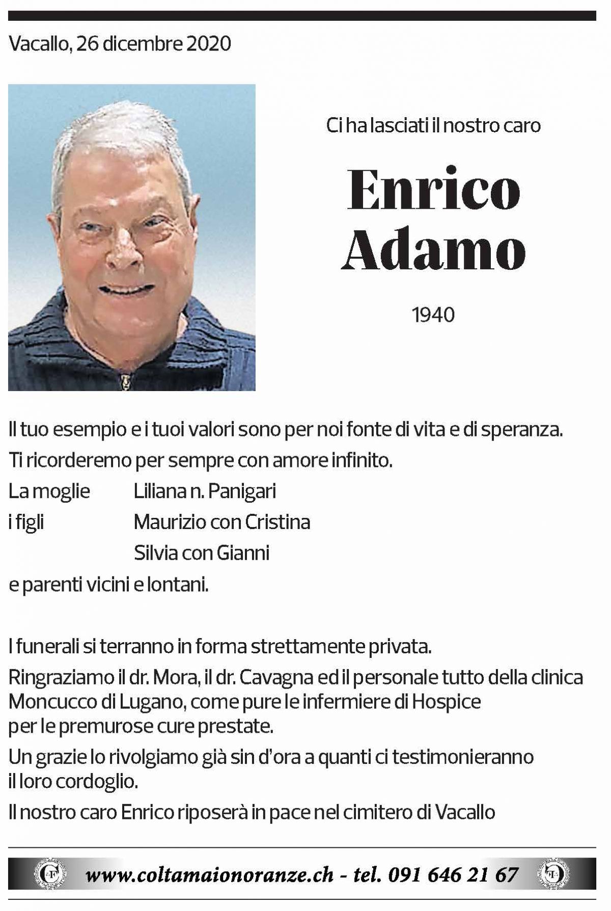Annuncio funebre Enrico Adamo
