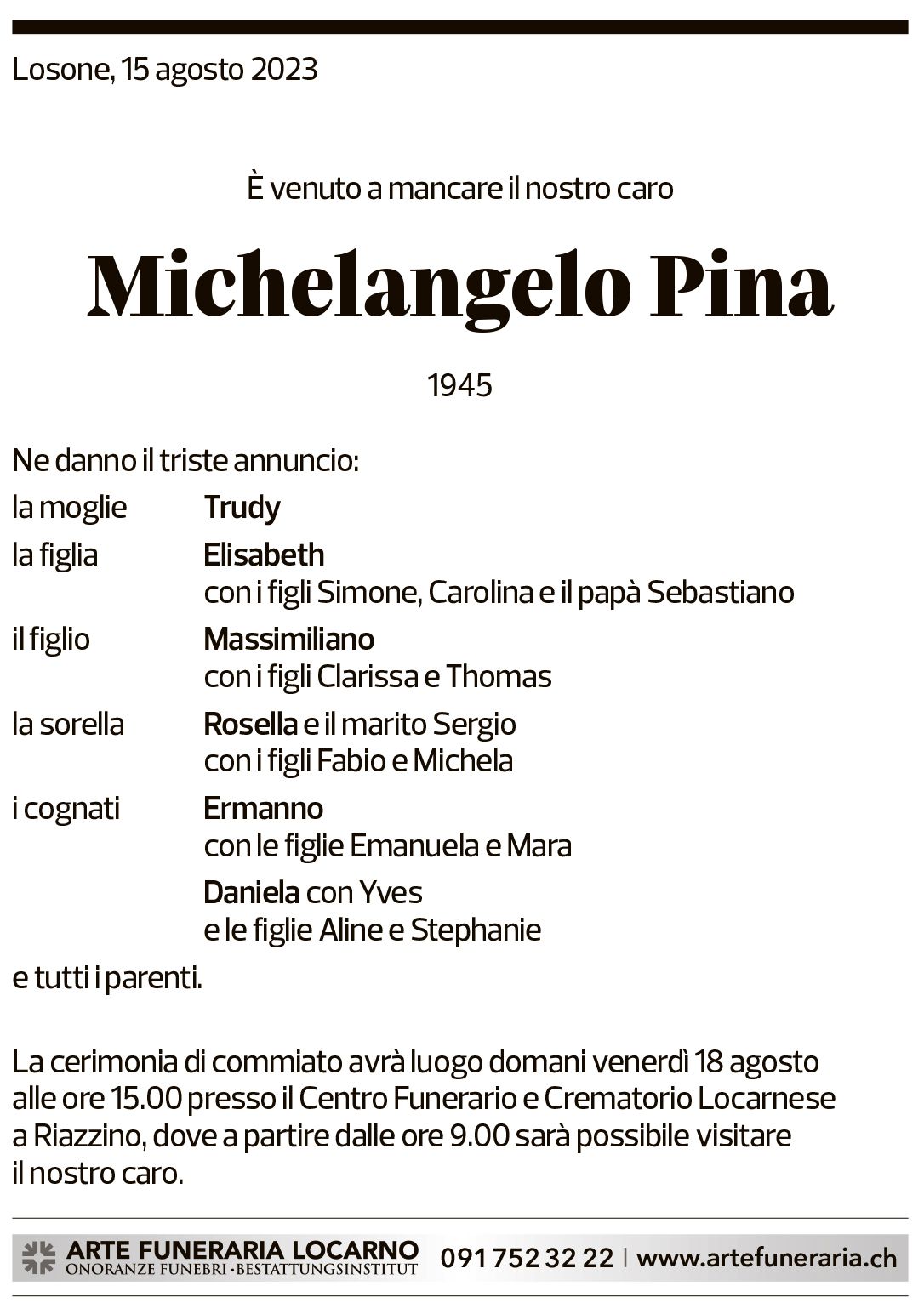 Annuncio funebre Michelangelo Pina