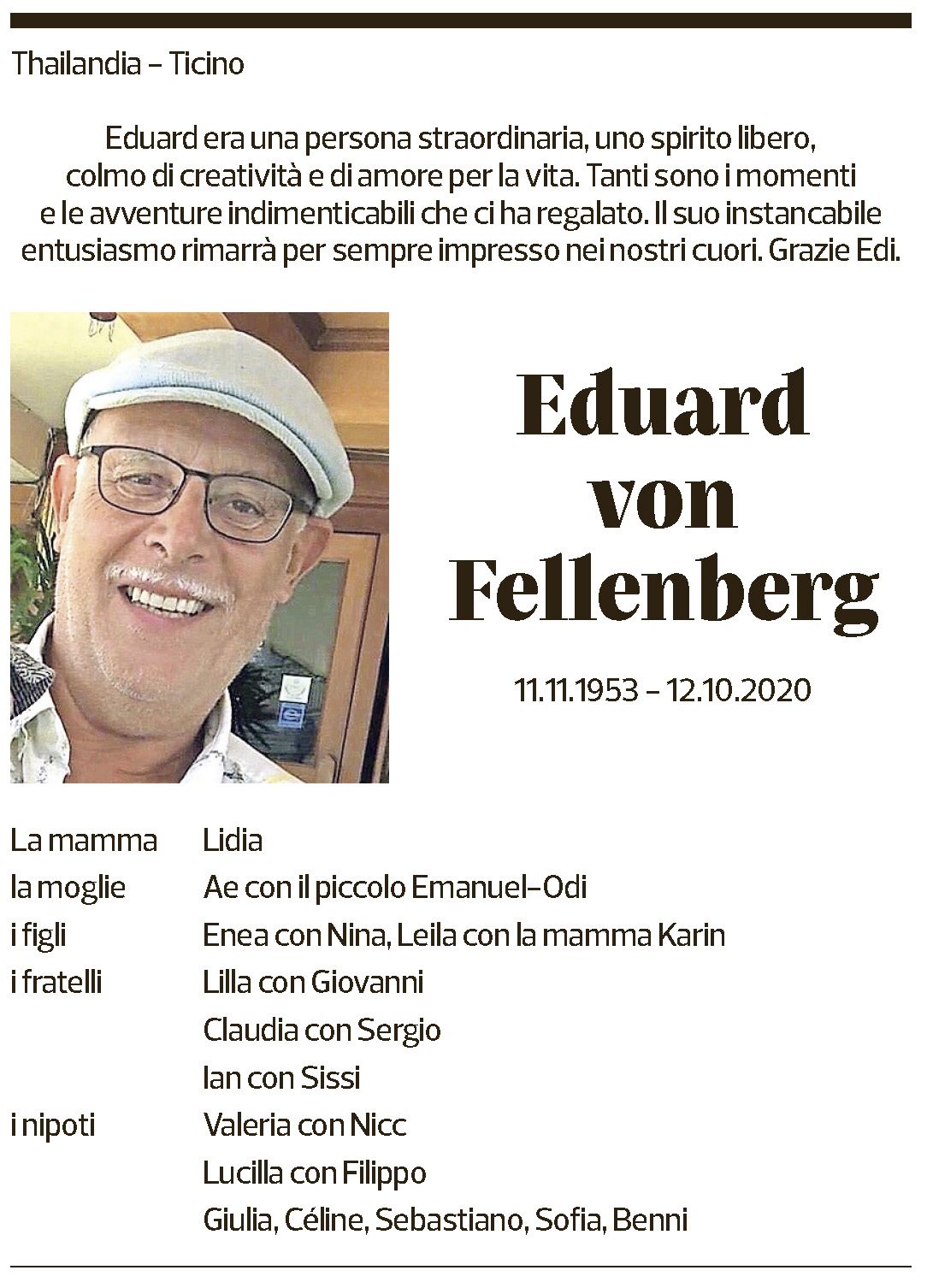 Annuncio funebre Eduard Von Fellenberg