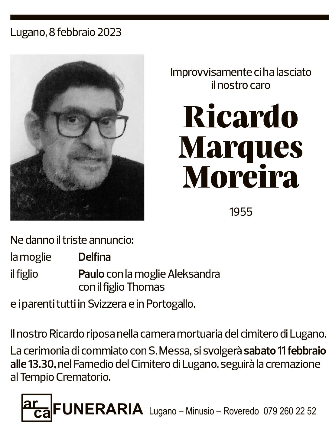 Annuncio funebre Ricardo Marques Moreira