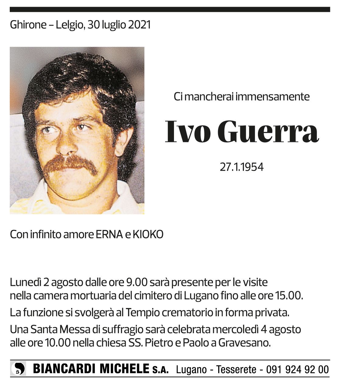 Annuncio funebre Ivo Guerra