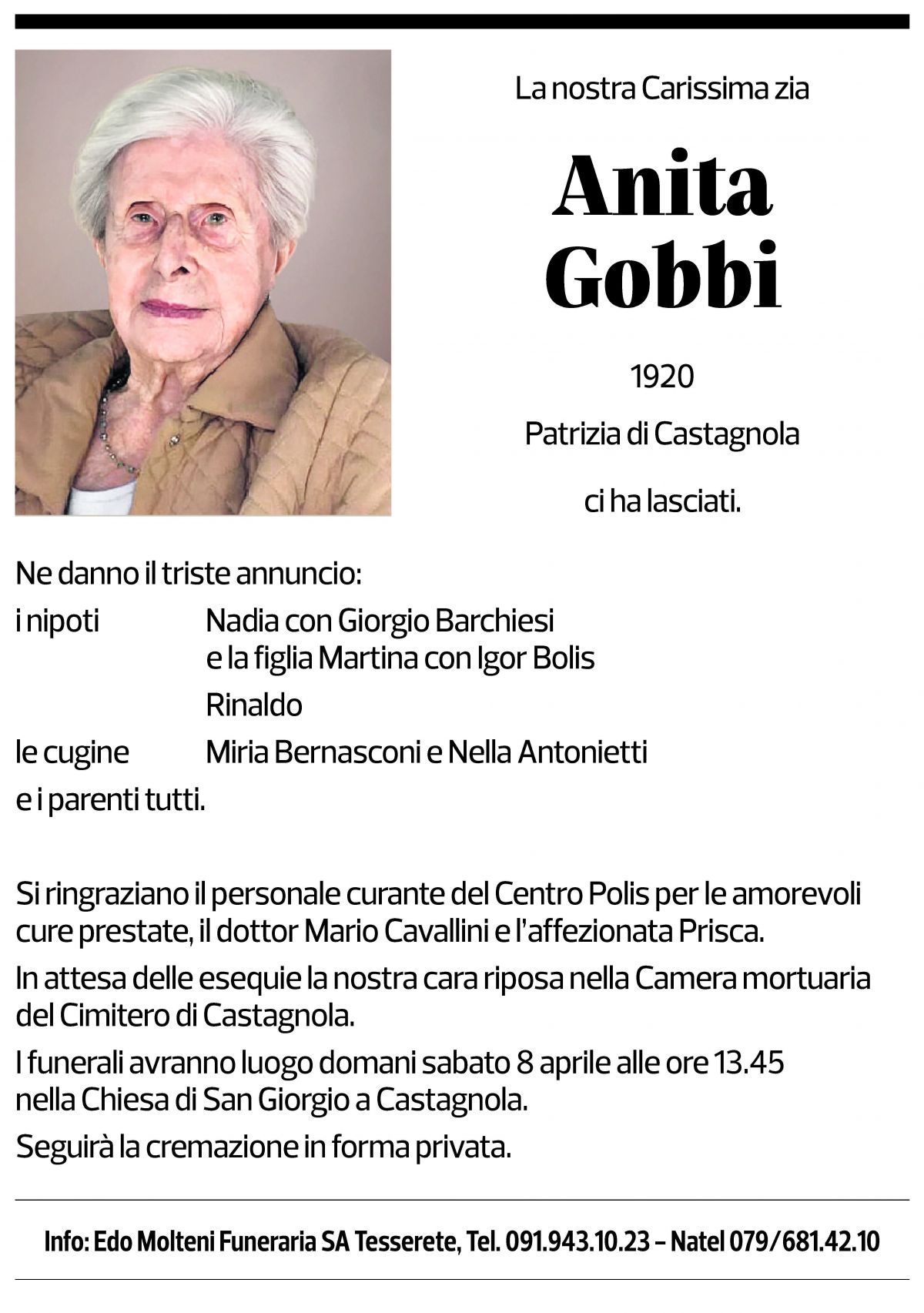 Annuncio funebre Anita Gobbi