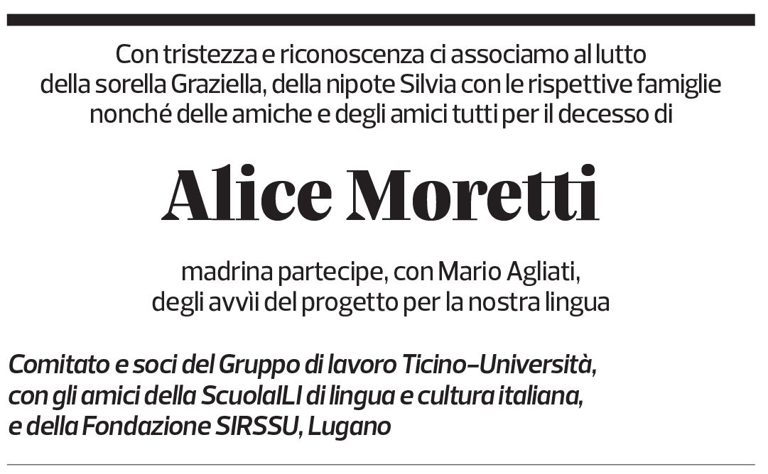 Annuncio funebre Alice Moretti