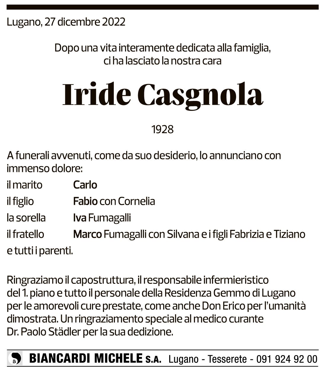 Annuncio funebre Iride Casgnola