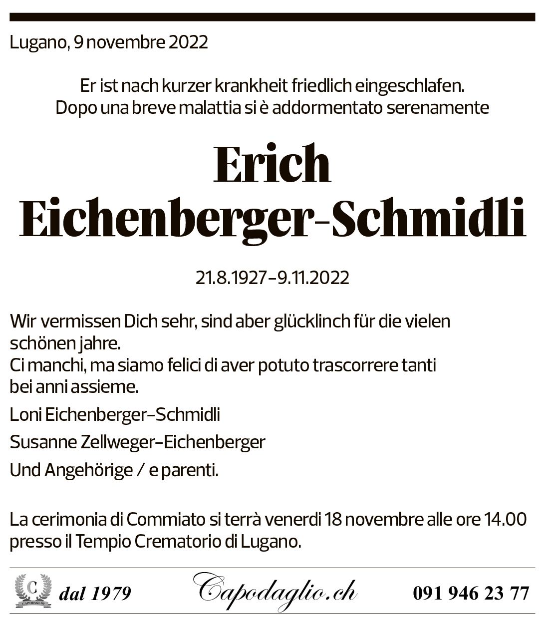 Annuncio funebre Erich Eichenberger-schmidli