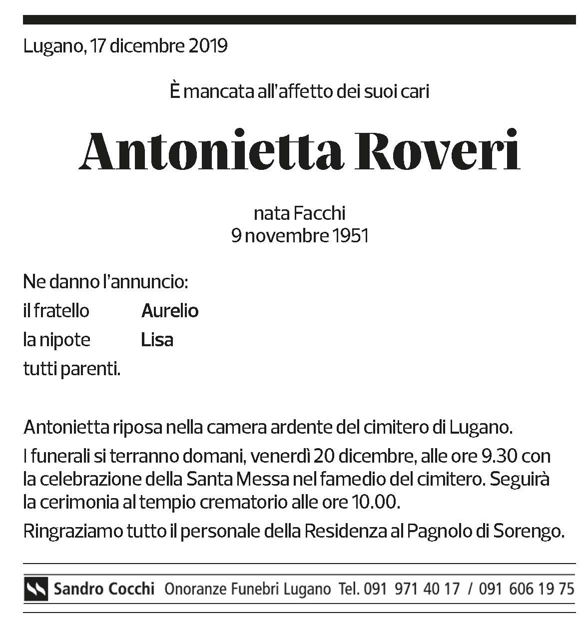 Annuncio funebre Antonietta Roveri