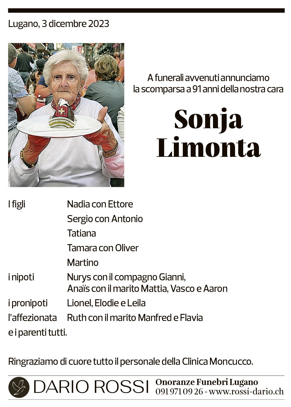 Annuncio funebre Sonja Limonta