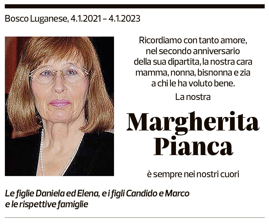 Annuncio funebre Margherita Pianca