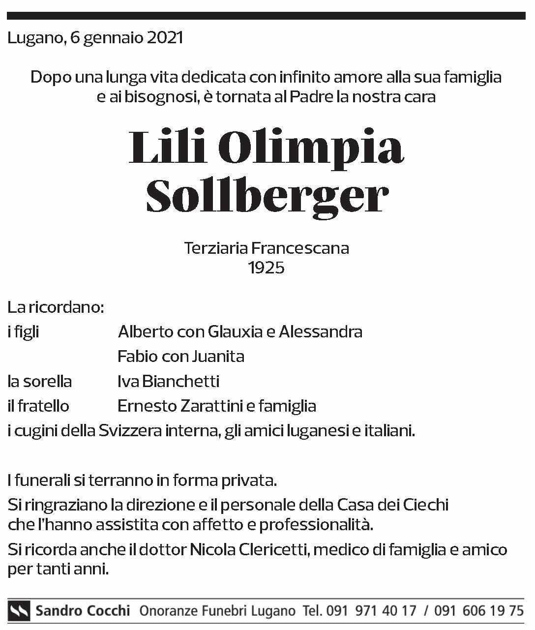 Annuncio funebre Lili Olimpia Sollberger