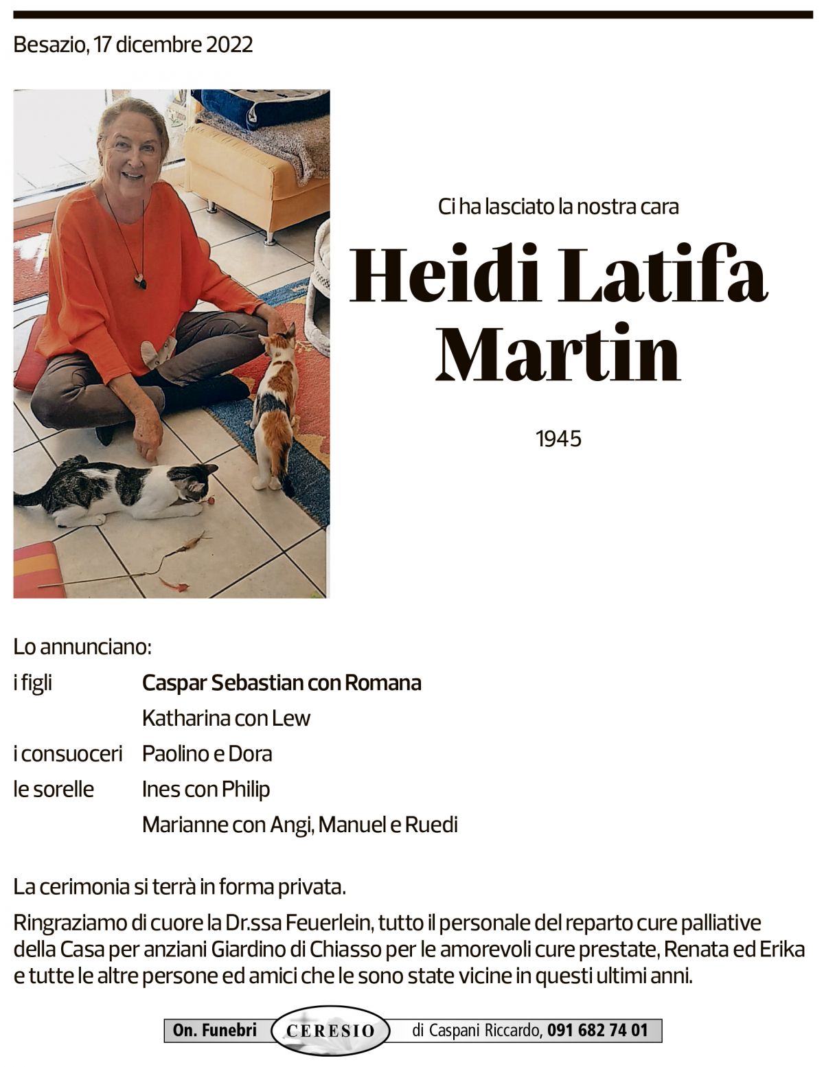 Annuncio funebre Heidi Latifa Martin