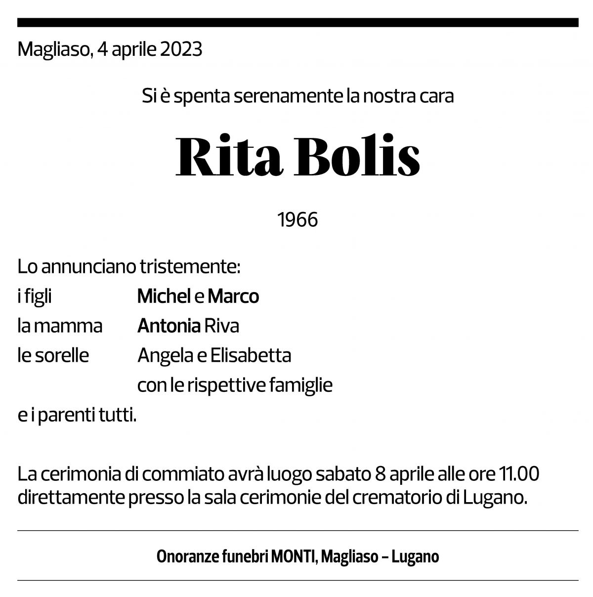 Annuncio funebre Rita Bolis