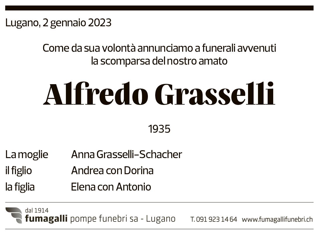 Annuncio funebre Alfredo Grasselli