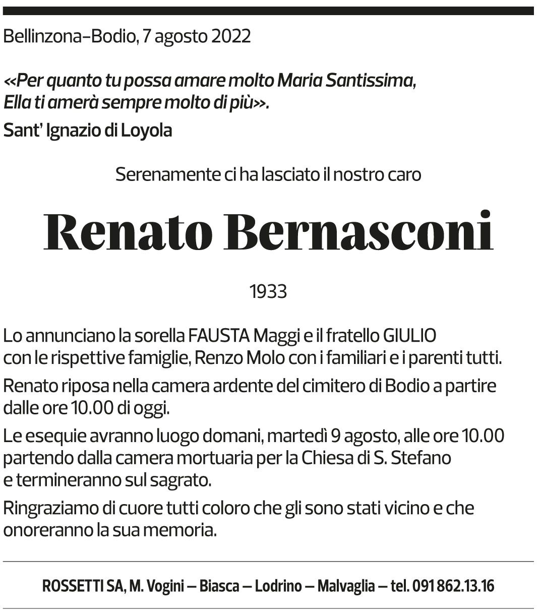 Annuncio funebre Renato Bernasconi