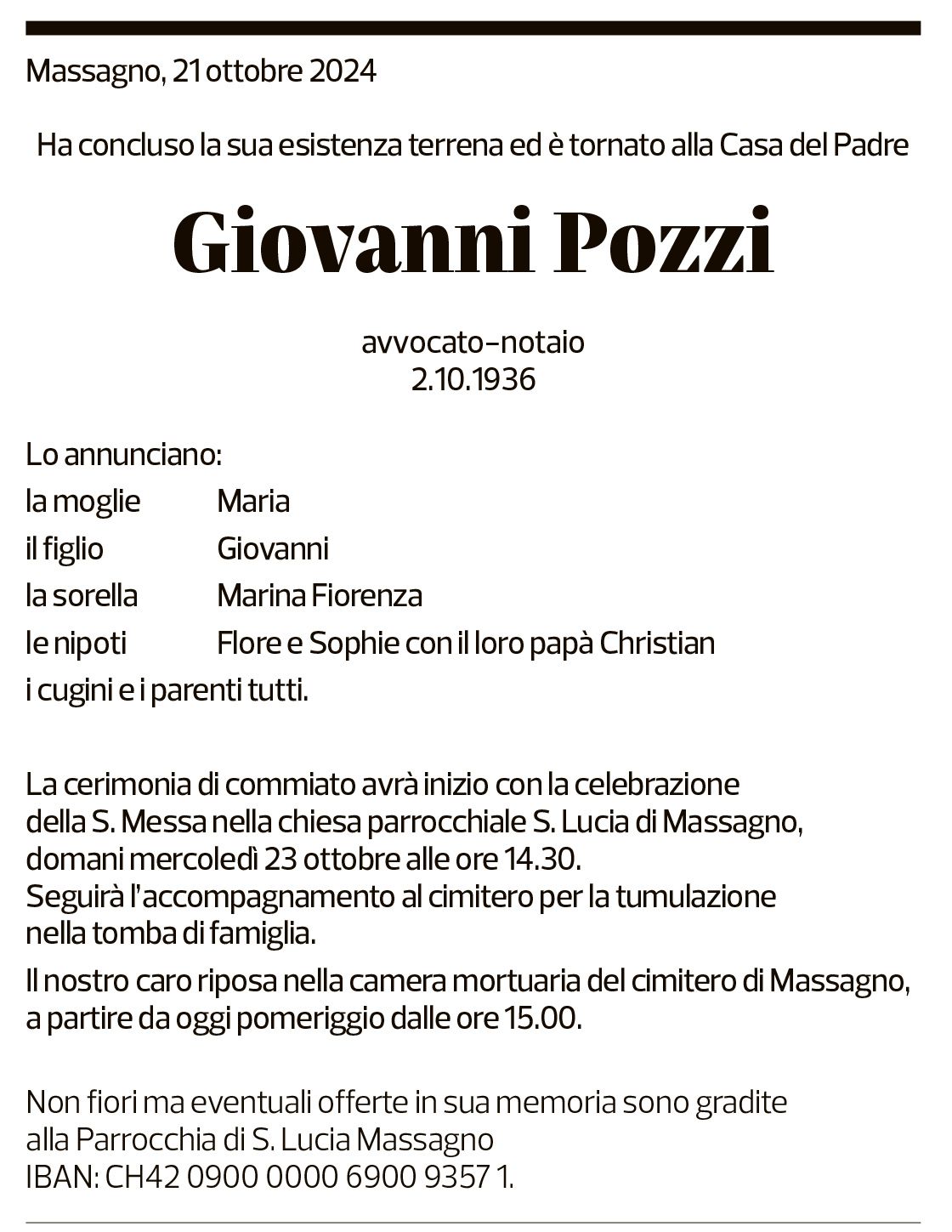 Annuncio funebre Giovanni Pozzi