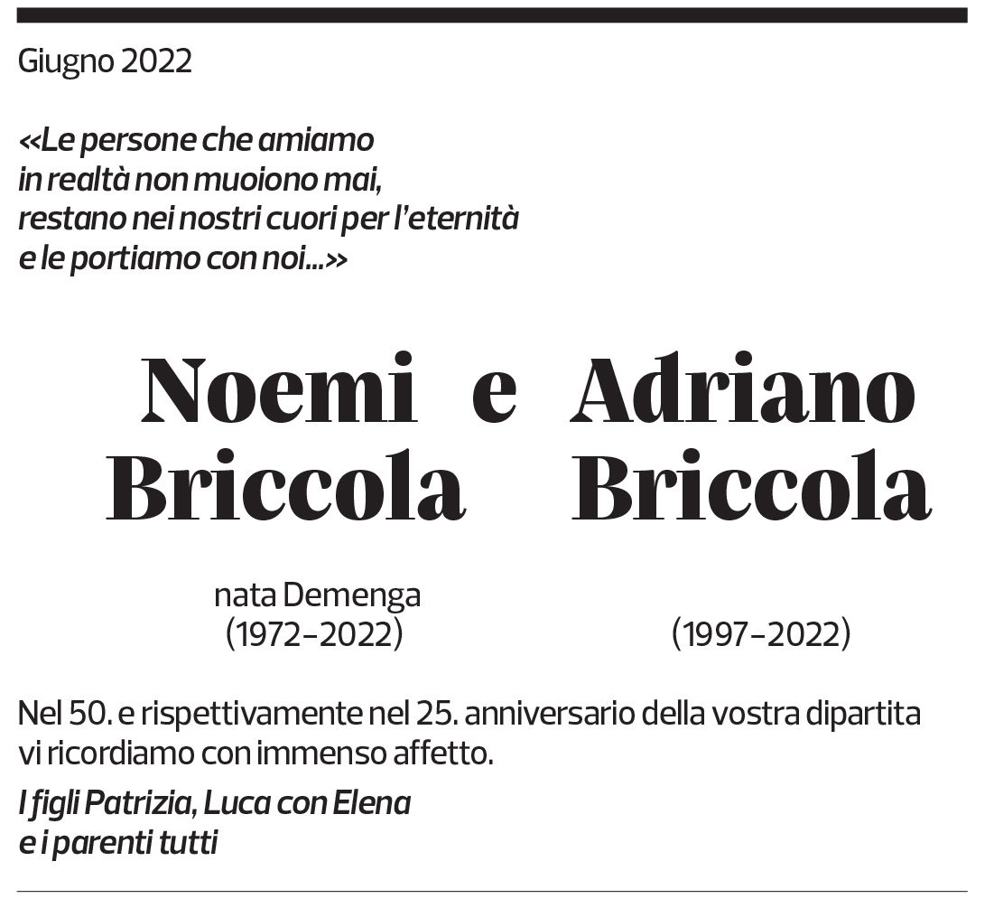 Annuncio funebre Noemi E Adriano Briccola