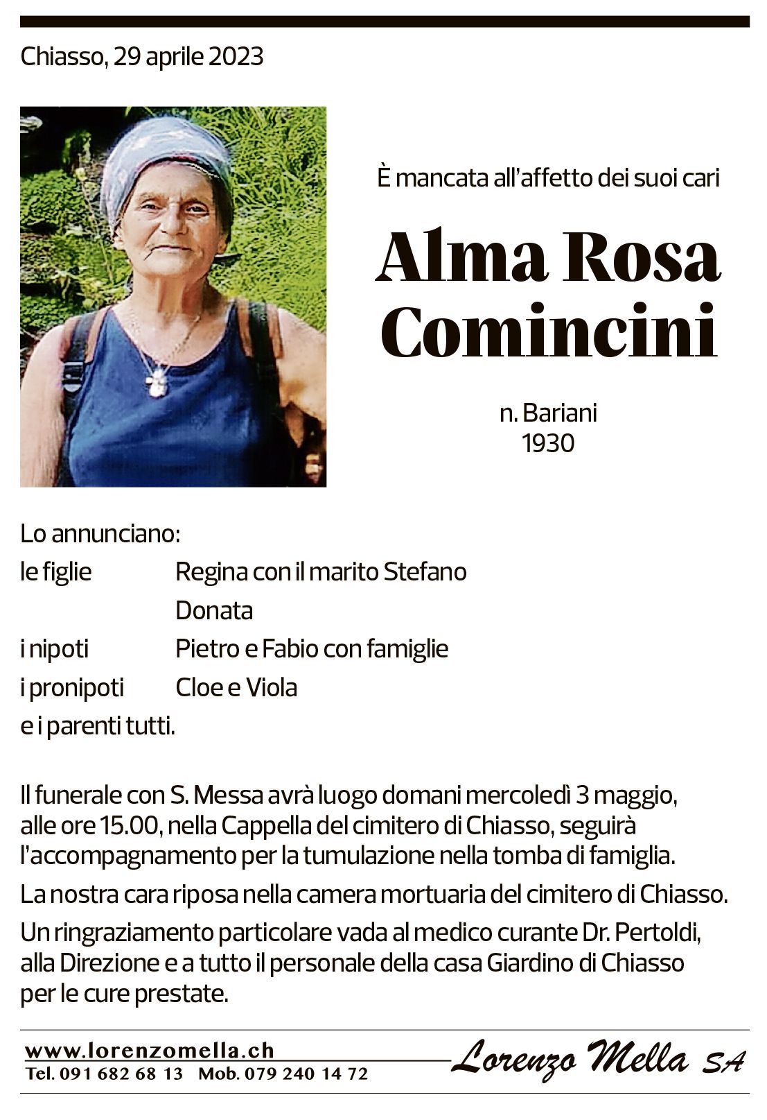 Annuncio funebre Alma Rosa Comincini