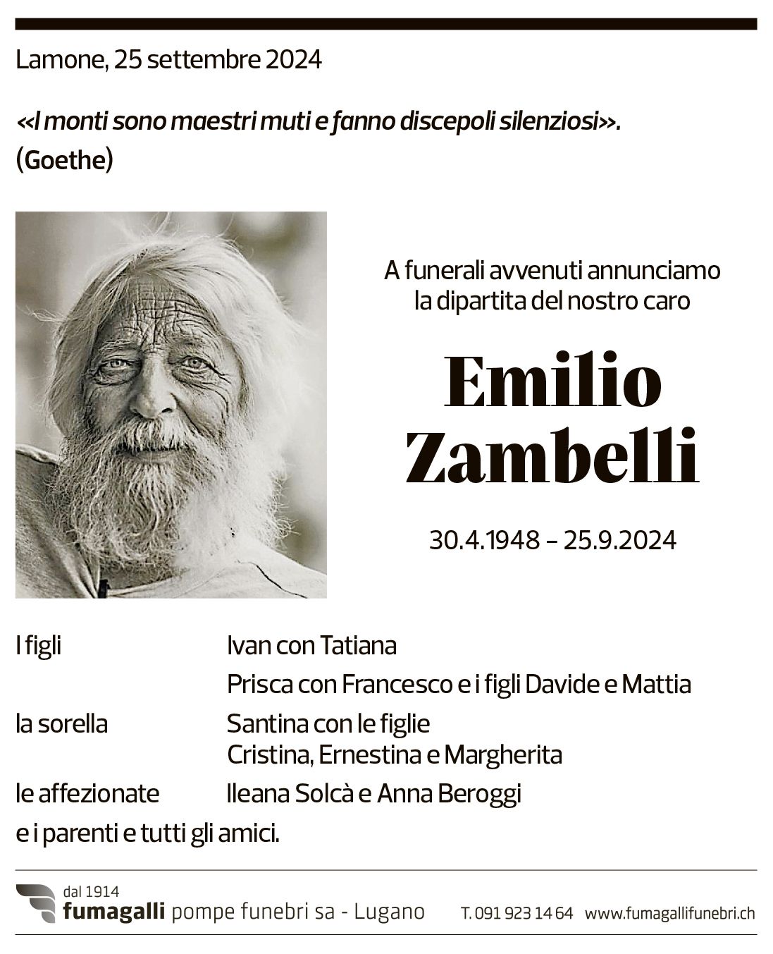 Annuncio funebre Emilio Zambelli