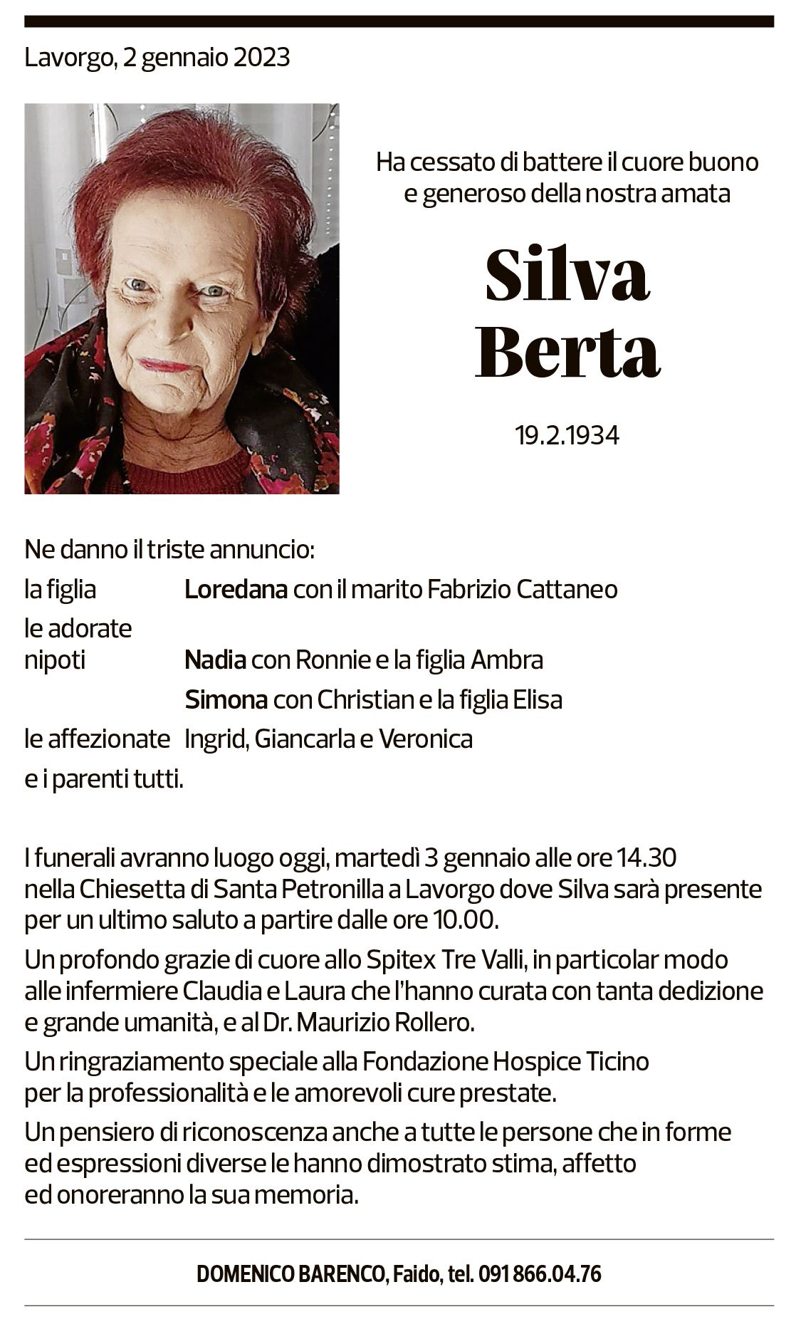 Annuncio funebre Silva Berta