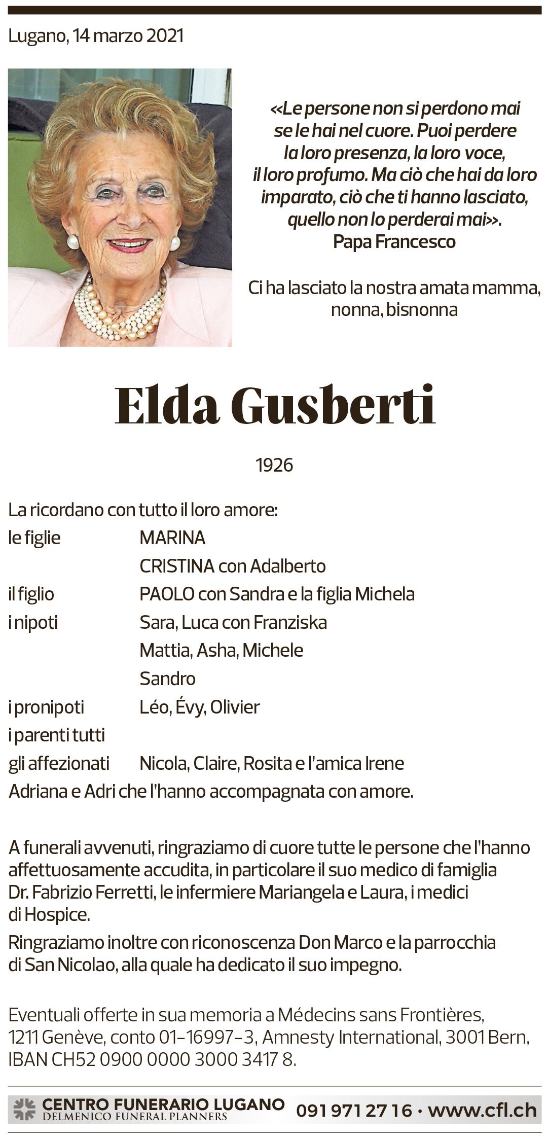 Annuncio funebre Elda Gusberti