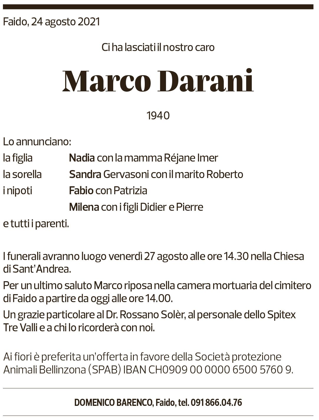 Annuncio funebre Marco Darani