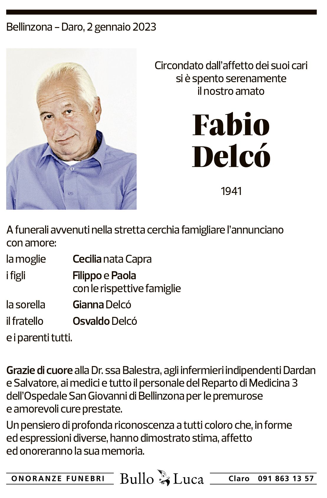 Annuncio funebre Fabio Delcò