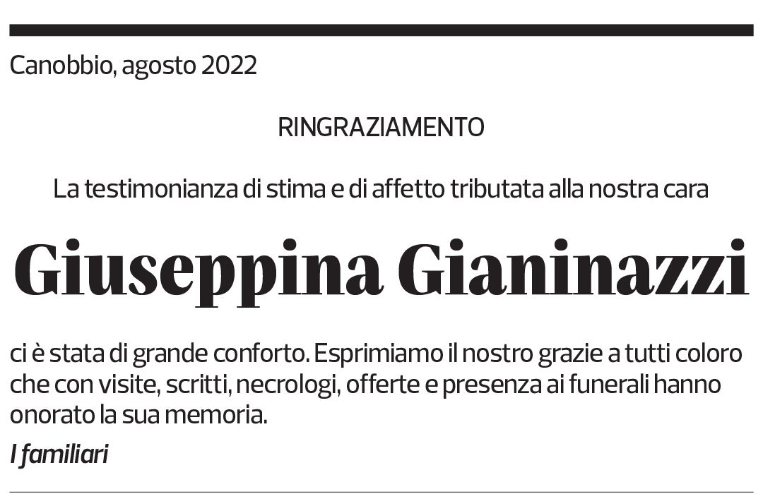 Annuncio funebre Giuseppina Gianinazzi