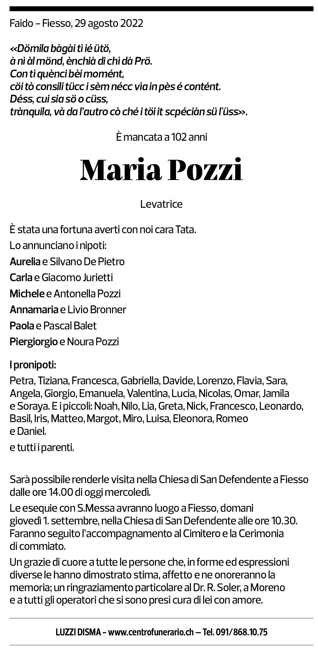 Annuncio funebre Maria Pozzi