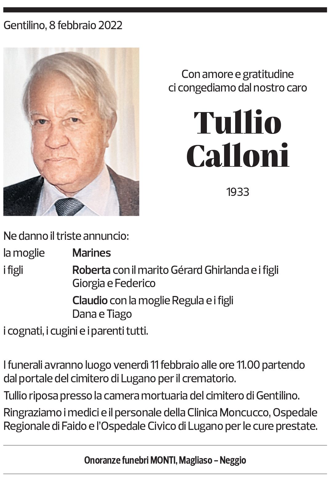 Annuncio funebre Tullio Calloni