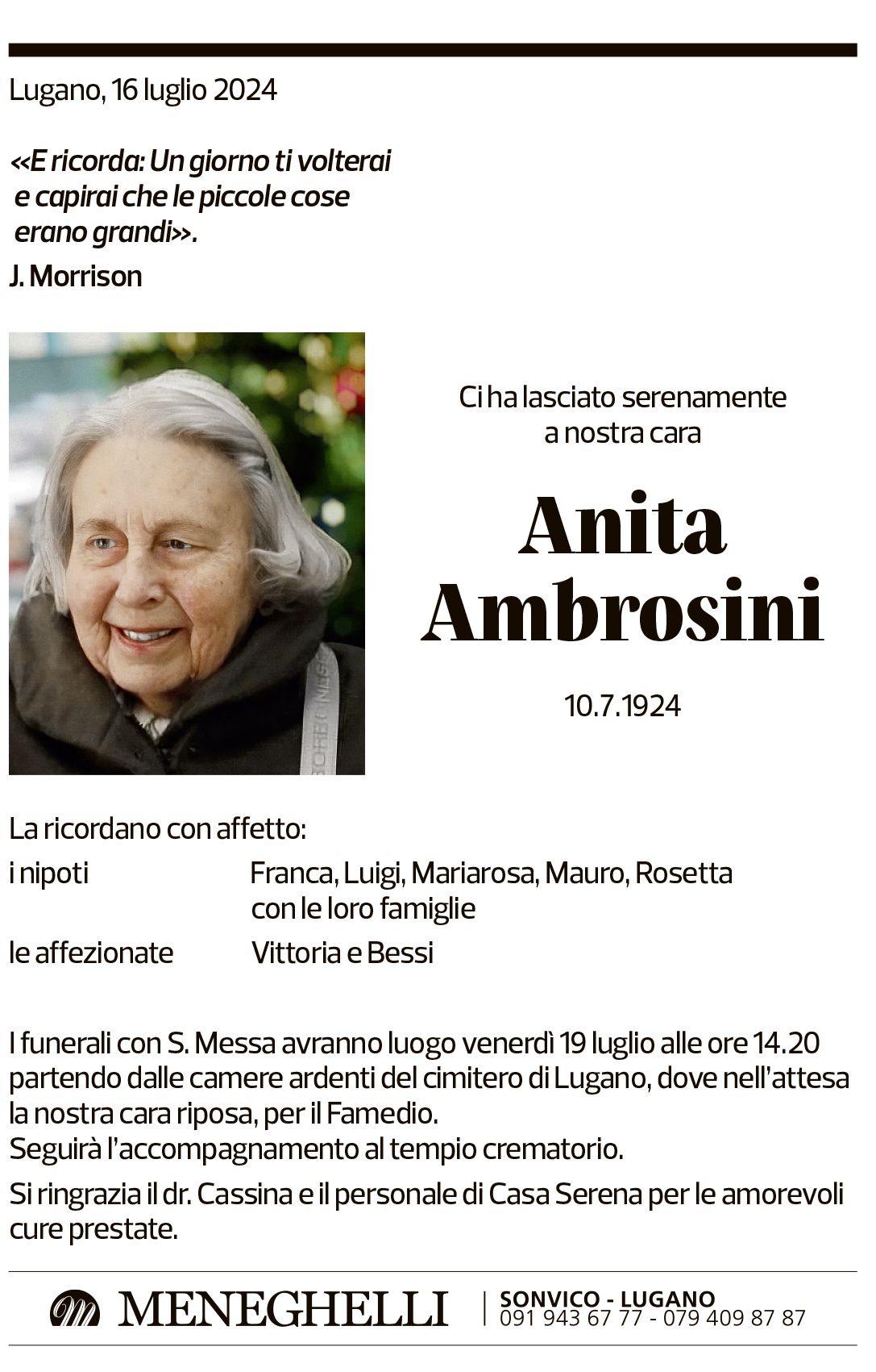 Annuncio funebre Anita Ambrosini