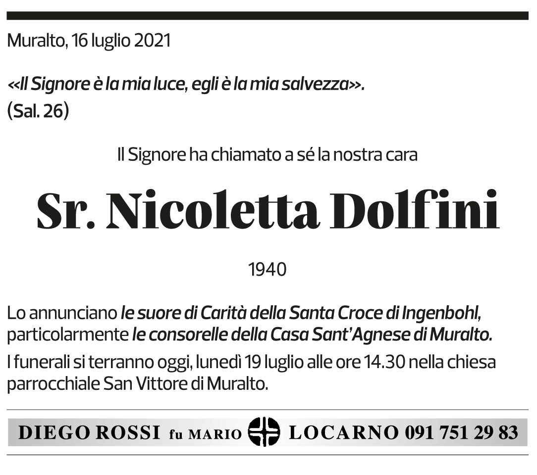 Annuncio funebre Suor Nicoletta Ada Eugenia Dolfini