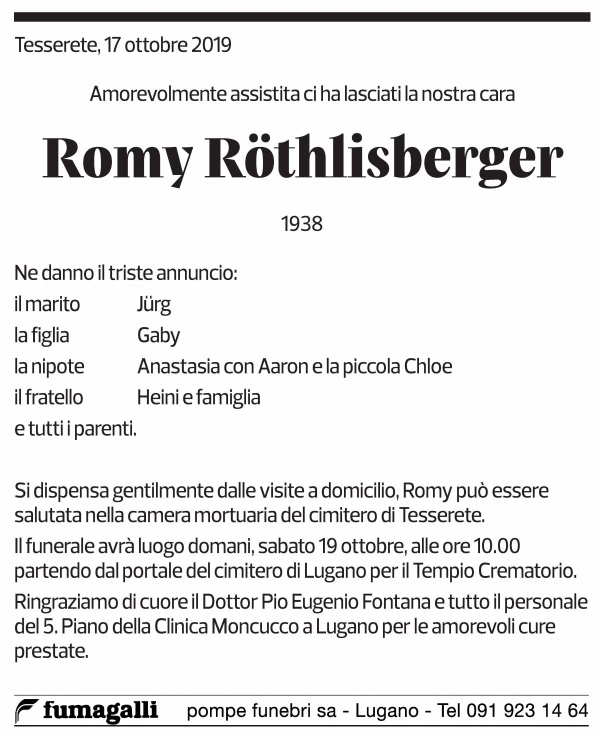 Annuncio funebre Romy Röthlisberger