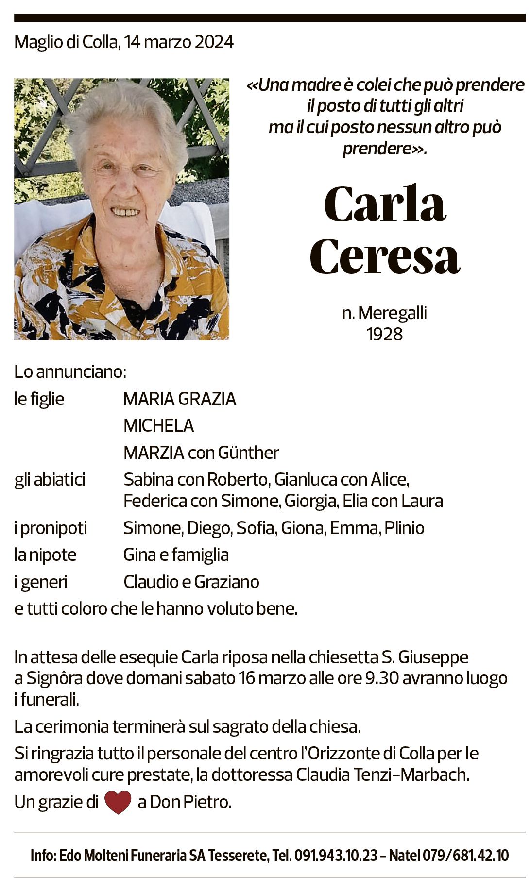 Annuncio funebre Carla Ceresa