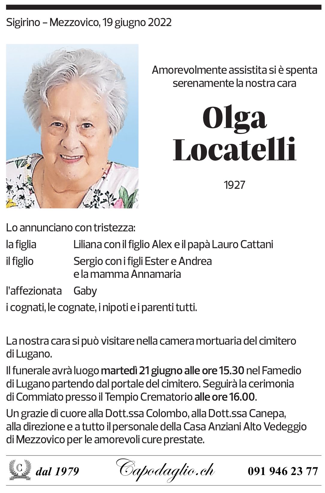 Annuncio funebre Olga Locatelli