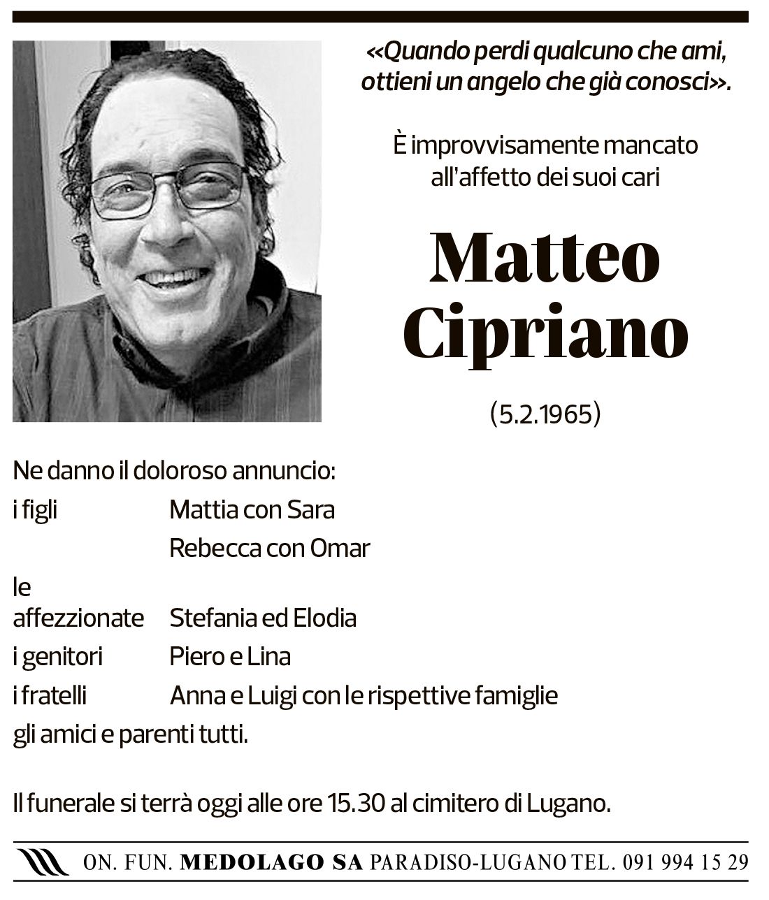 Annuncio funebre Matteo Cipriano