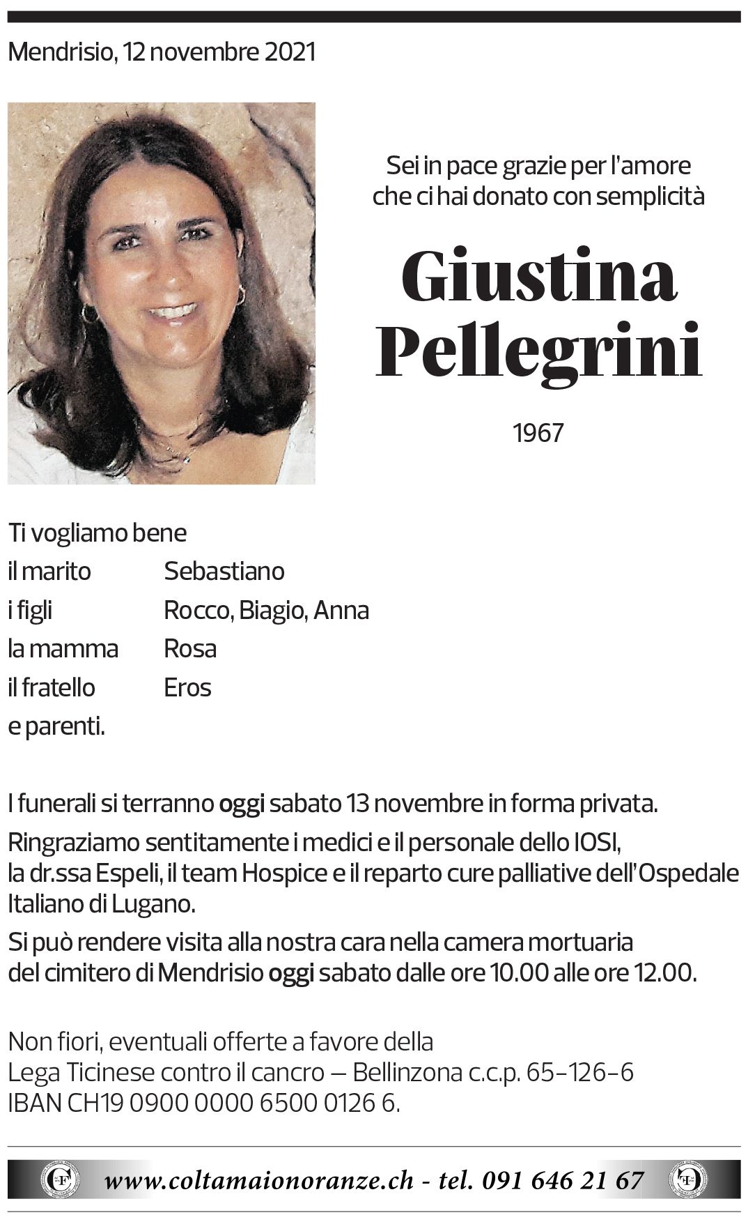 Annuncio funebre Giustina Pellegrini