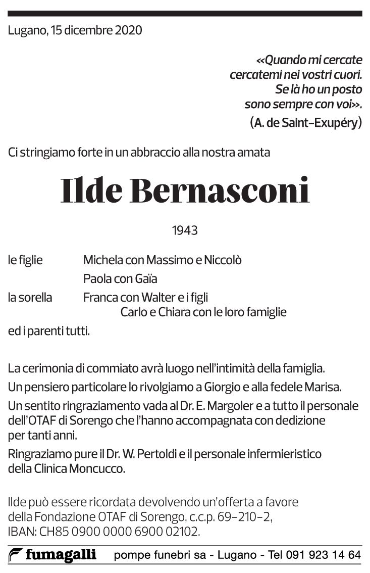 Annuncio funebre Ilde Bernasconi
