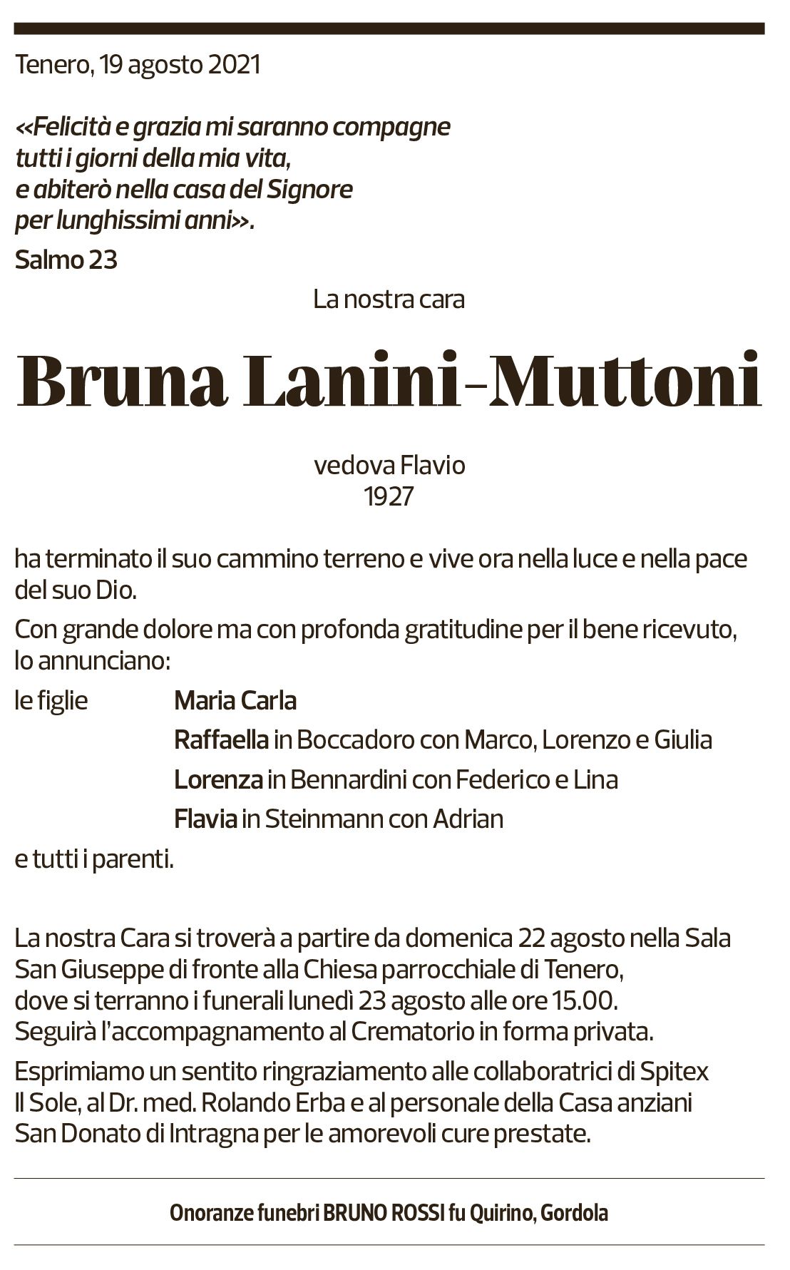 Annuncio funebre Bruna Lanini-muttoni