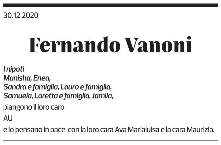 Annuncio funebre Fernando Vanoni