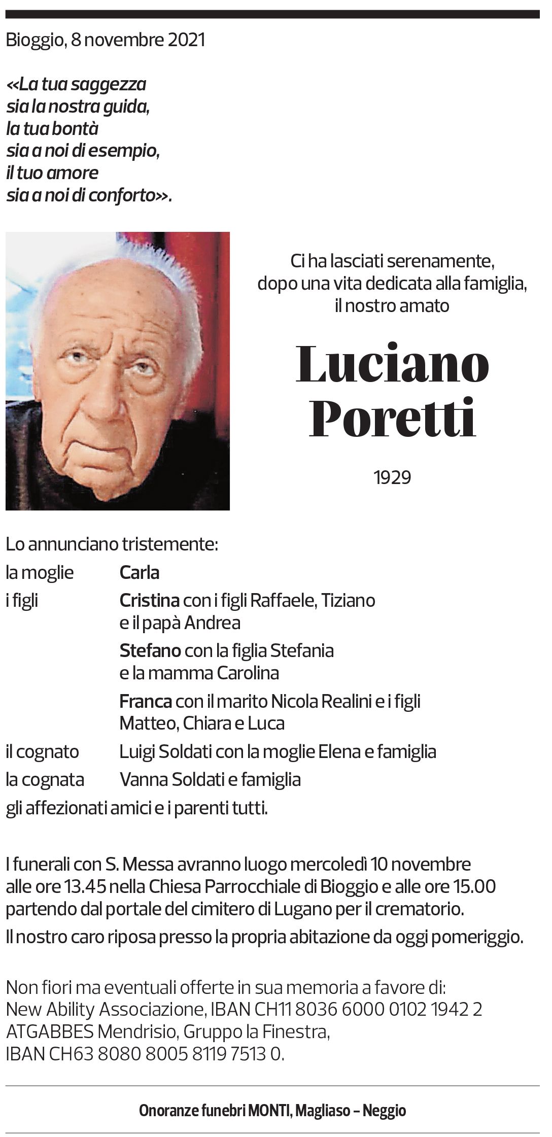 Annuncio funebre Luciano Poretti