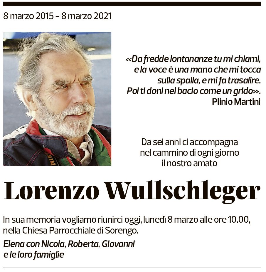 Annuncio funebre Lorenzo Wullschleger