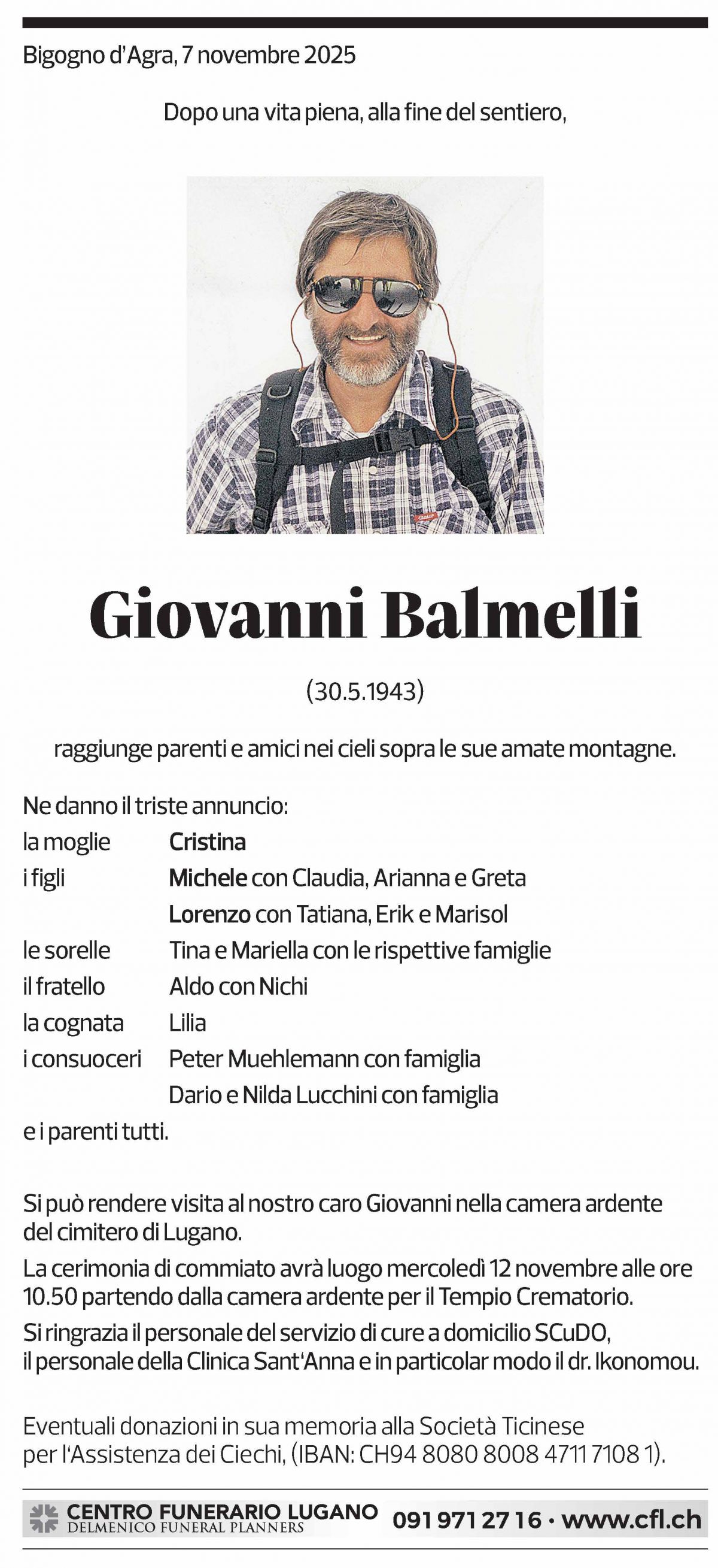Annuncio funebre Giovanni Balmelli